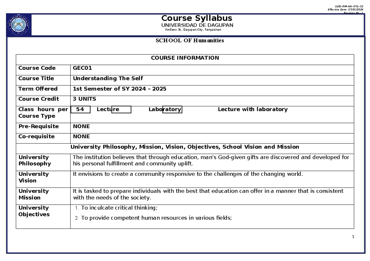 Understanding the self Syllabi - Effective Date: 07/01/ Revision No.: 1 ...