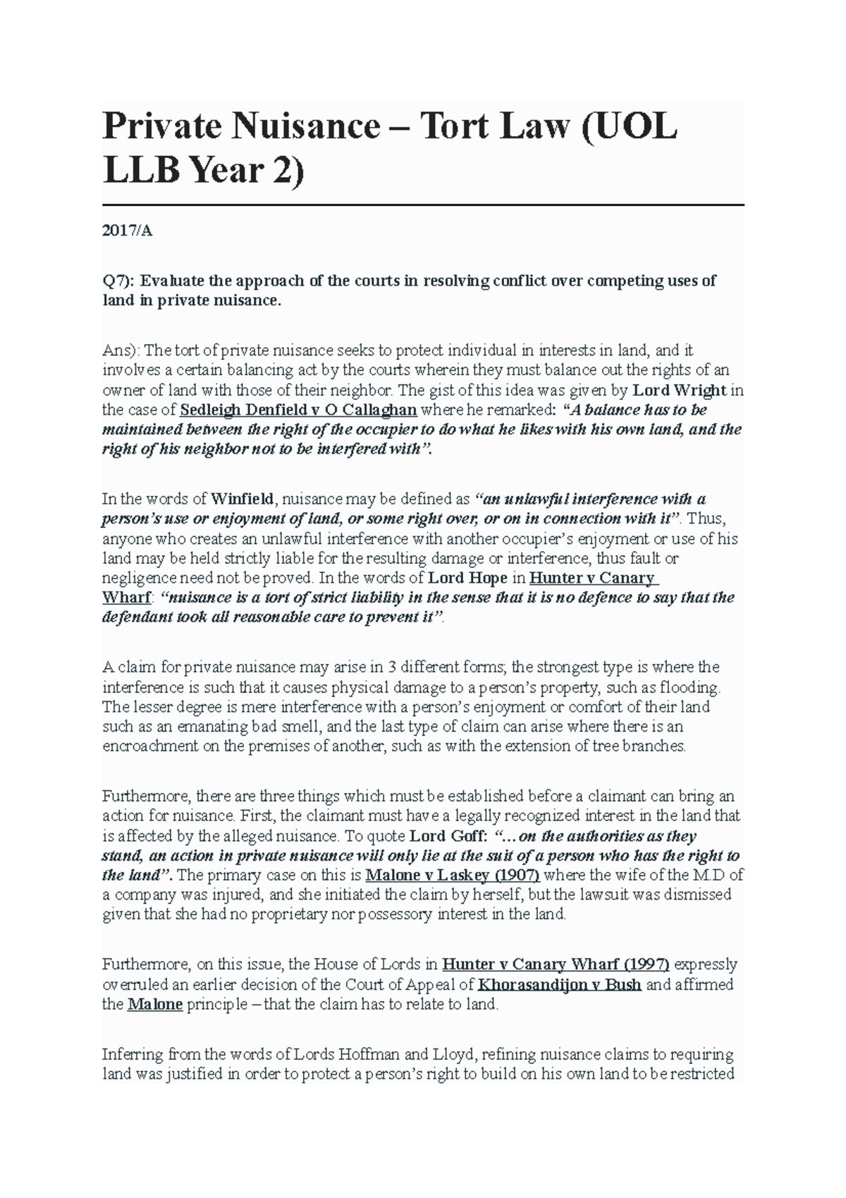 Private Nuisance essay type Private Nuisance Tort Law (UOL LLB Year 2) 2017/A Q7) Evaluate
