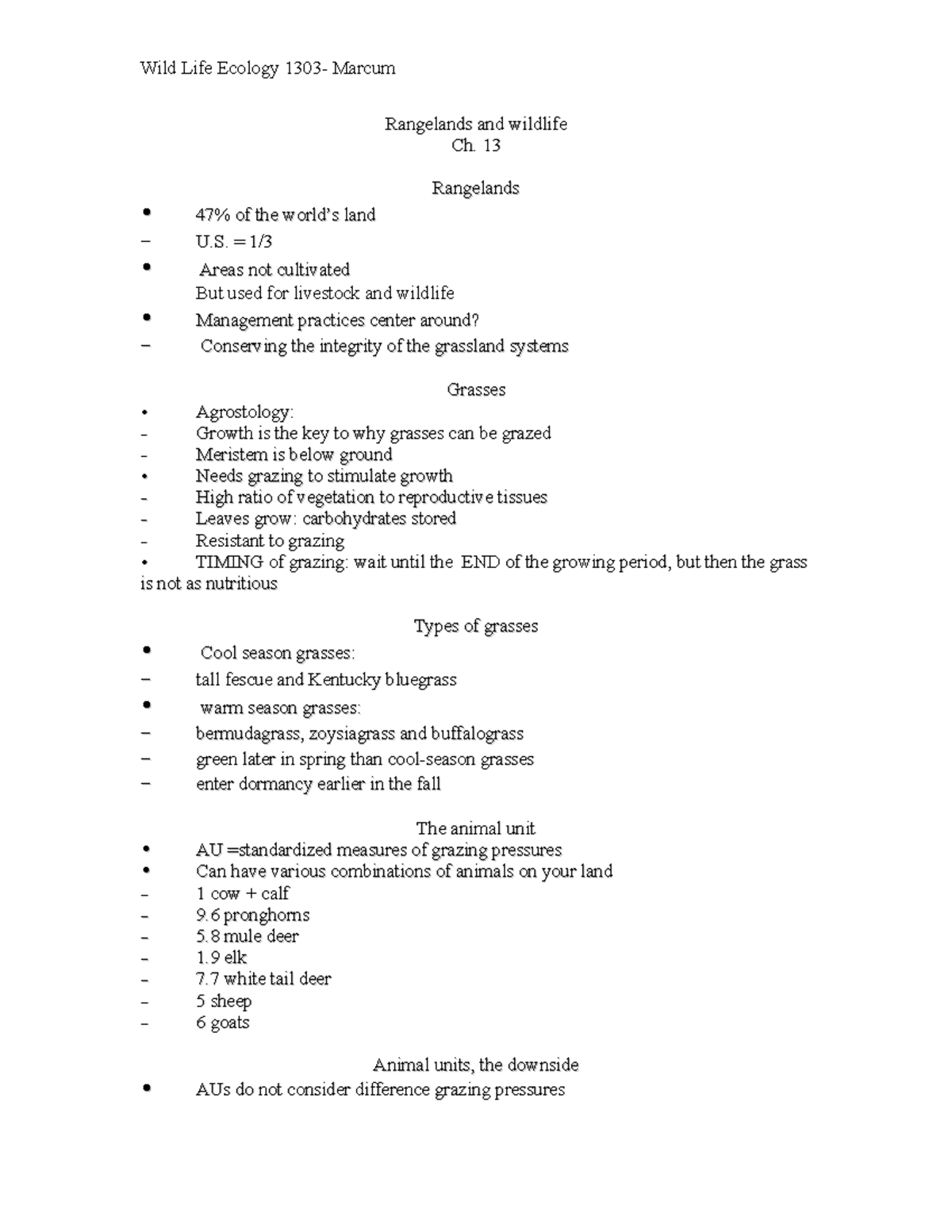 chapter 13 test 3 - Wild Life Ecology 1303- Marcum Rangelands and