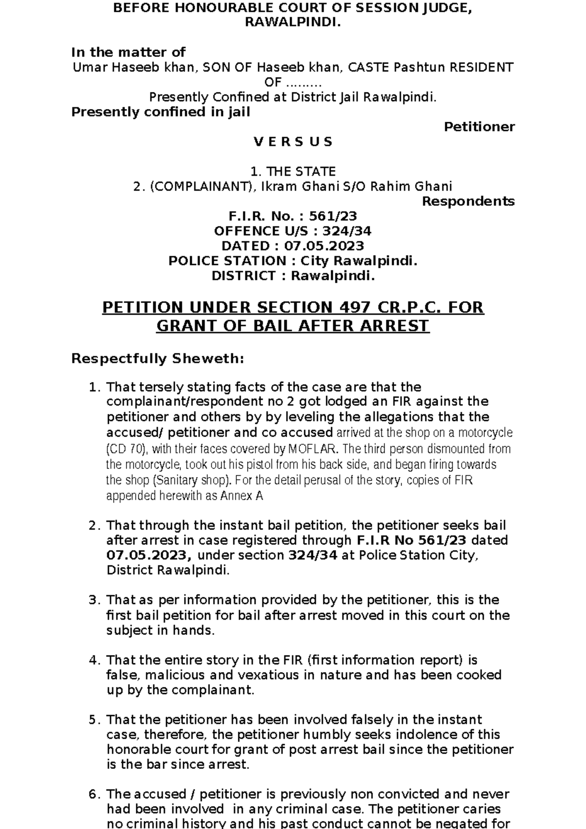 Bail application - BEFORE HONOURABLE COURT OF SESSION JUDGE, RAWALPINDI ...