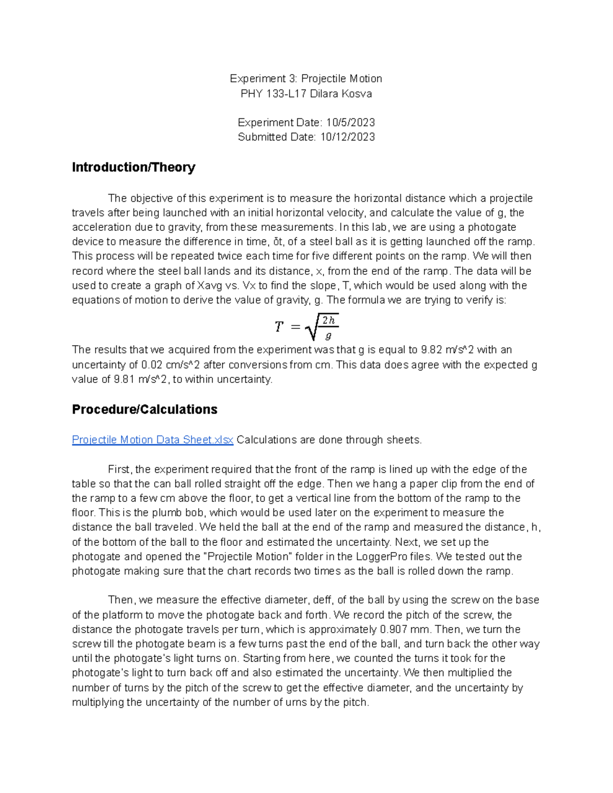 Copy of Experiment 3 Projectile Motion Lab Report Experiment 3