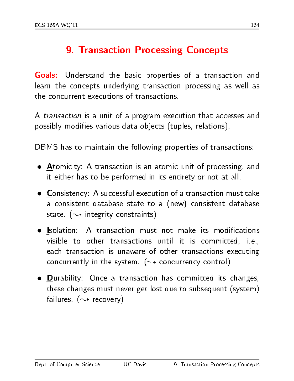 9-transactions - Database - 9. Transaction Processing Concepts Goals ...