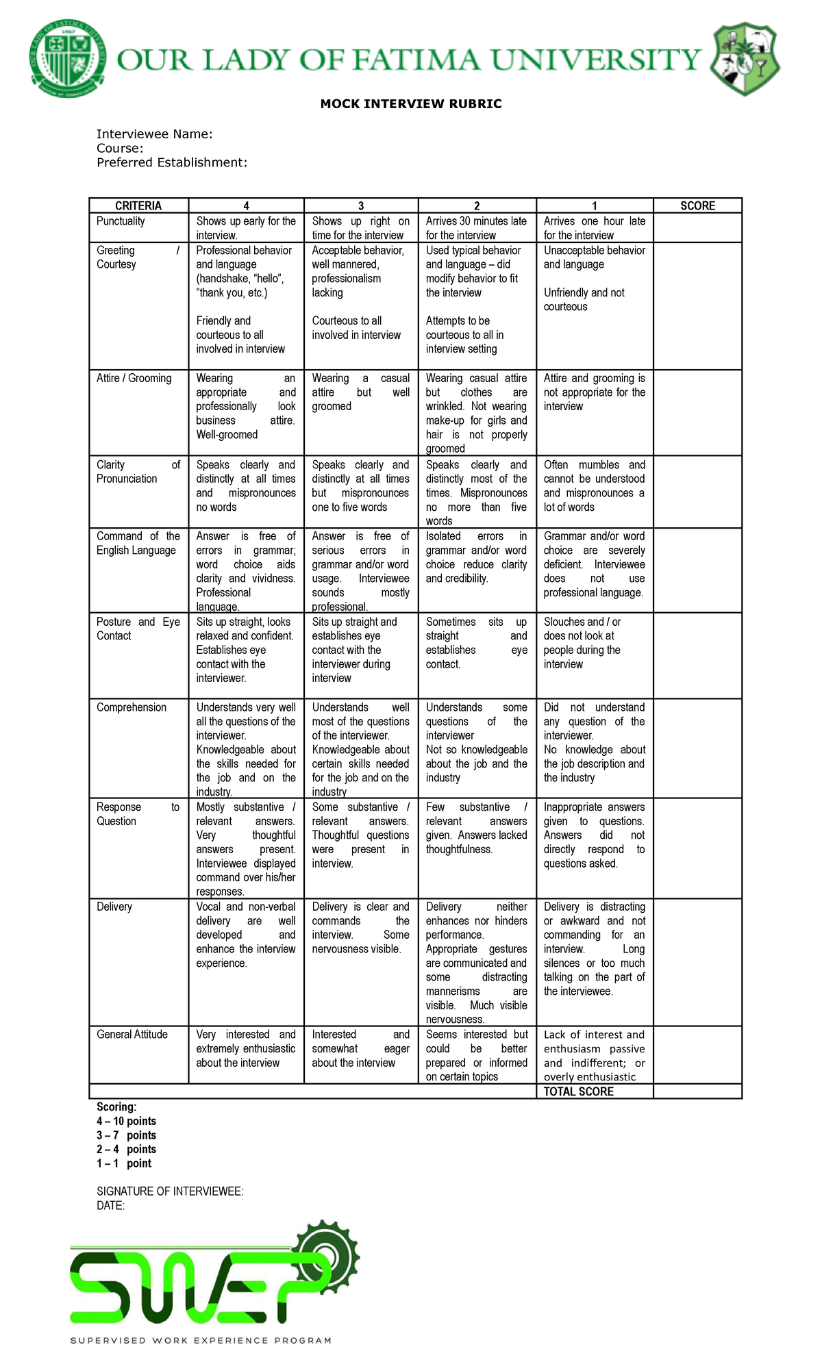 Interview Rubric - Yes yes yow - MOCK INTERVIEW RUBRIC Interviewee Name ...