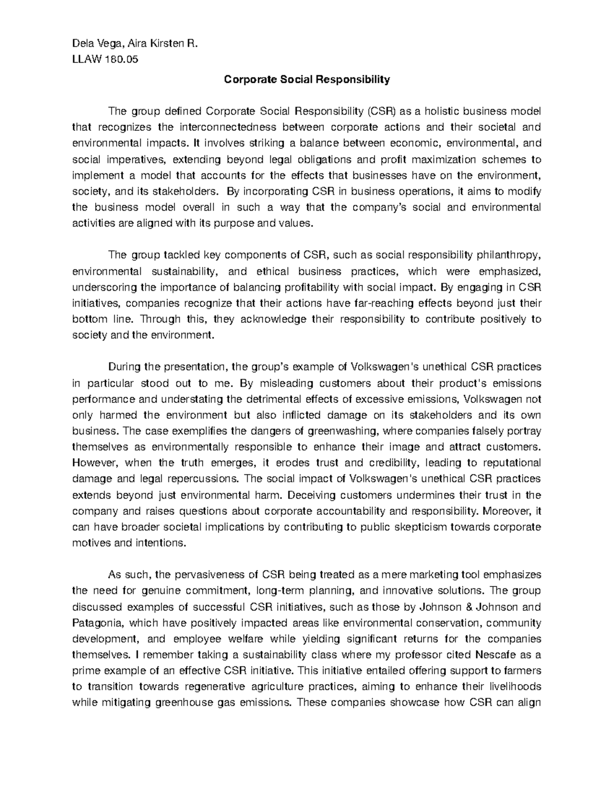Dela Vega CSR Reaction Paper - Dela Vega, Aira Kirsten R. LLAW 180 ...