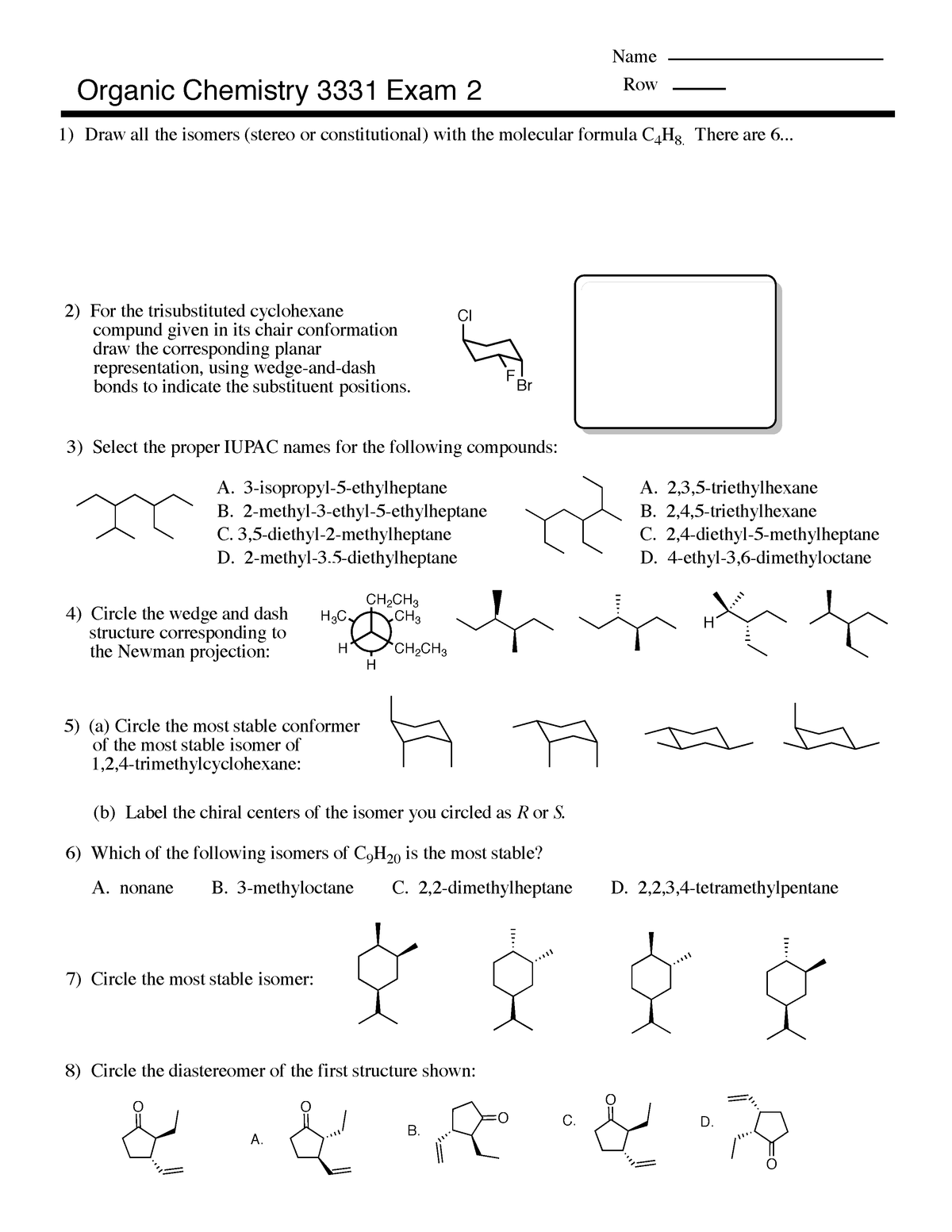 Exam 2 2018 Questions Che 3332 Organic Chem Ii Honors