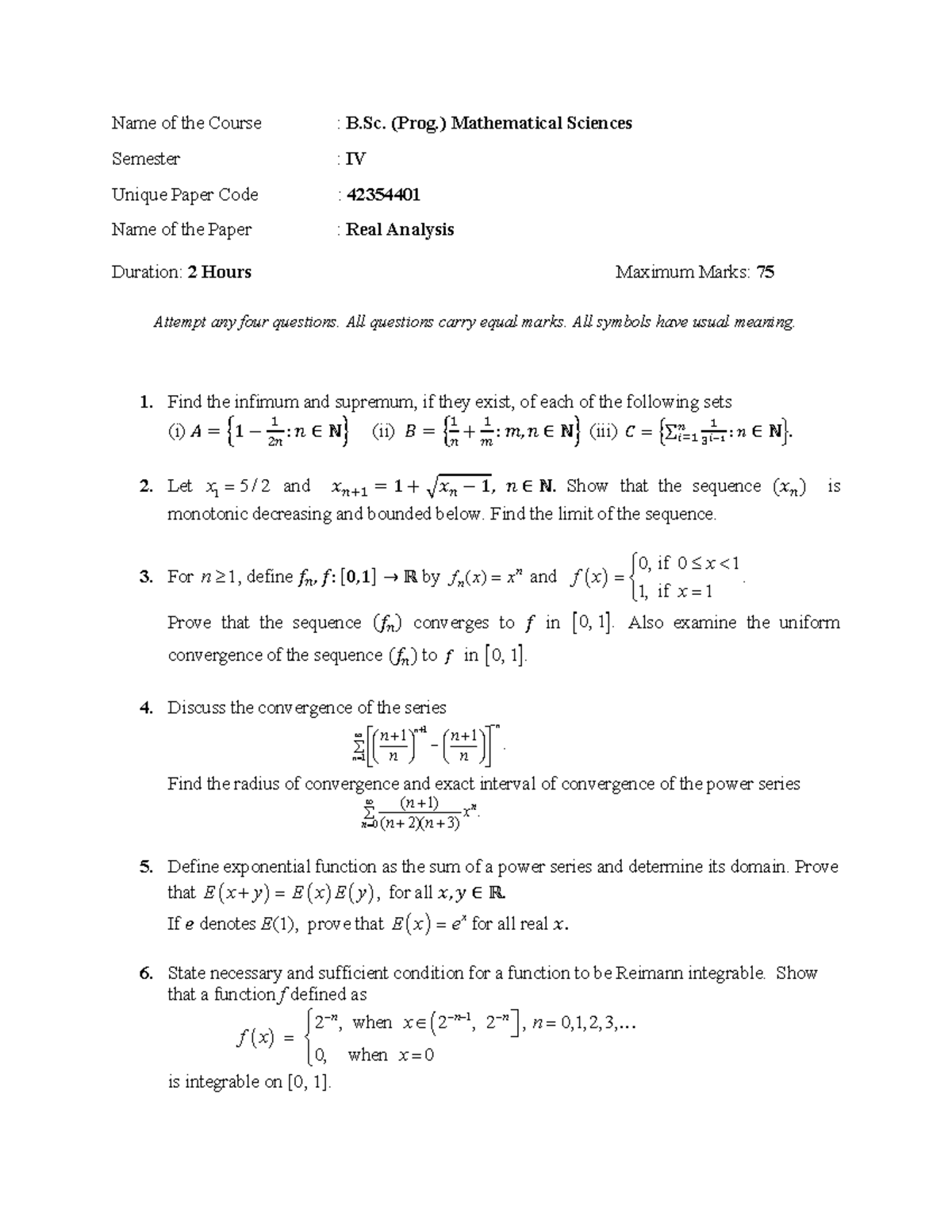 OBE Real Analysis Paper - Name of the Course : B. (Prog.) Mathematical ...