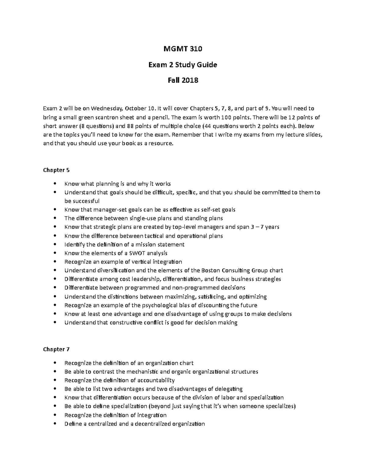 Exam 2 Study Guide web - MGMT 310 Exam 2 Study Guide Fall 2018 Exam 2 ...