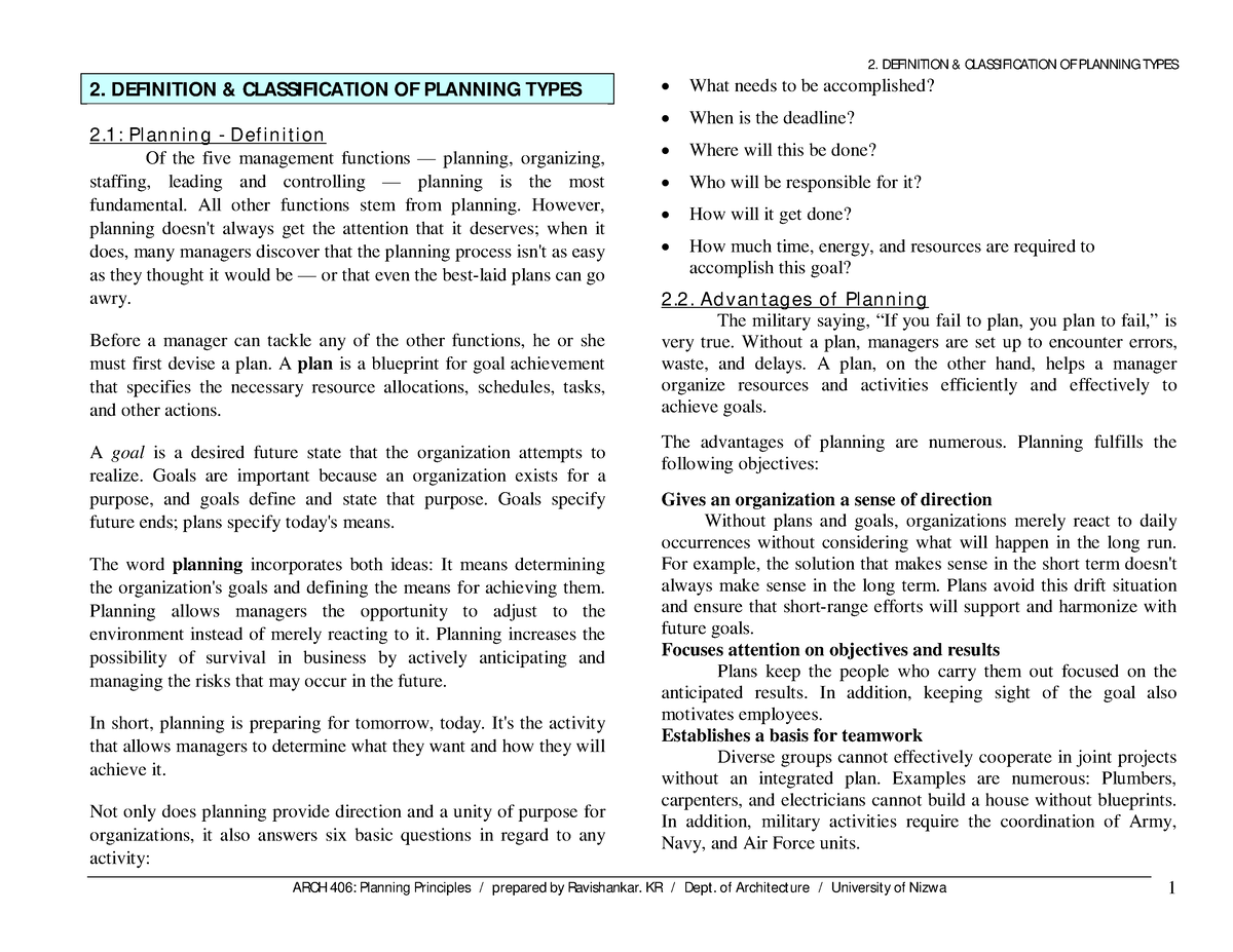 Classification Of Planning 2 Definition And Classification Of Planning Types 2 Pl An N In G 