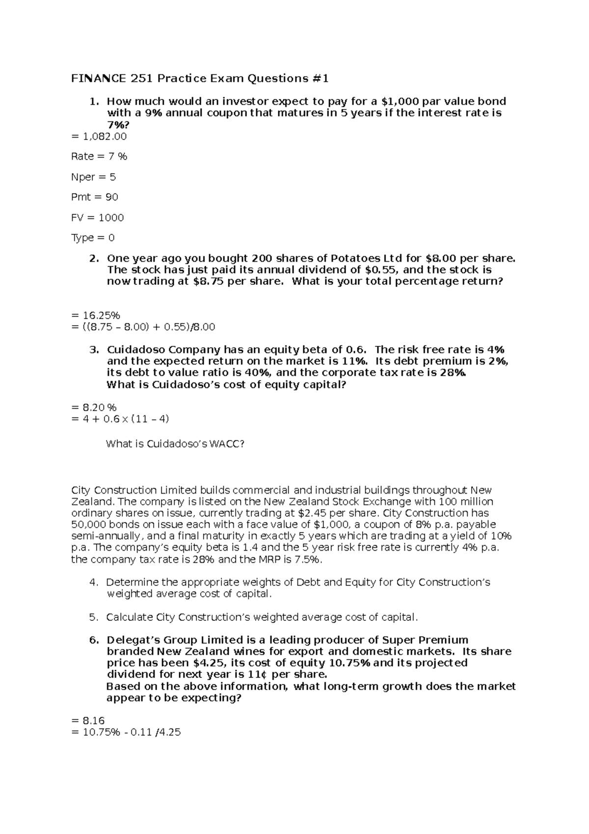 #1 Practice Exam Questions - FINANCE 251 Practice Exam Questions How ...