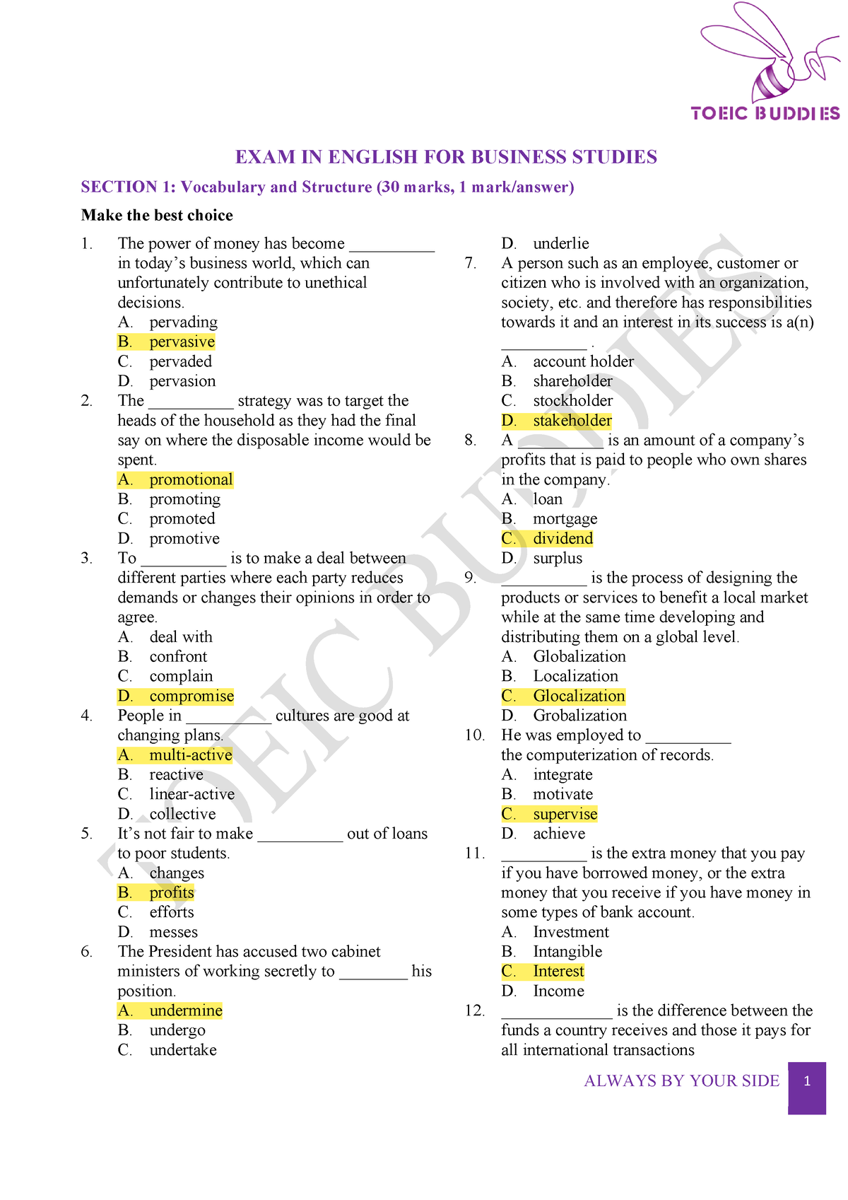Sample TEST1 - HP4 - EXAM IN ENGLISH FOR BUSINESS STUDIES SECTION 1: Vocabulary and Structure (30 - Studocu
