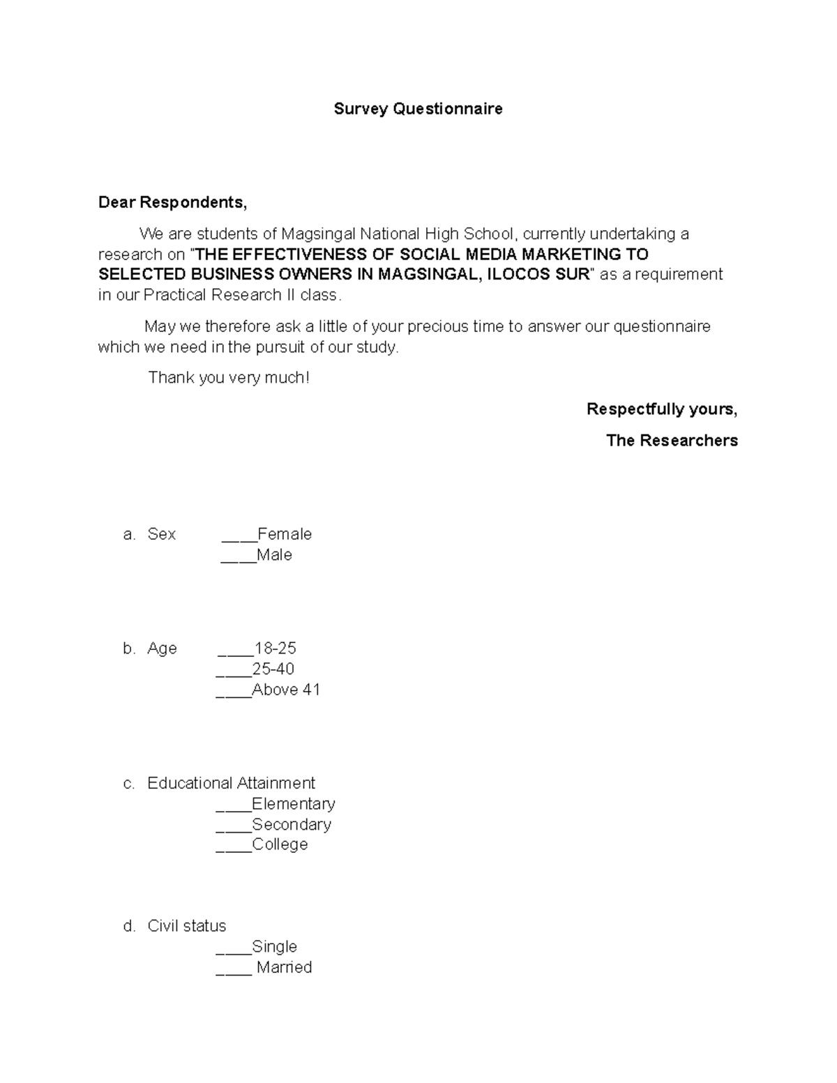 research paper questionnaire about social media