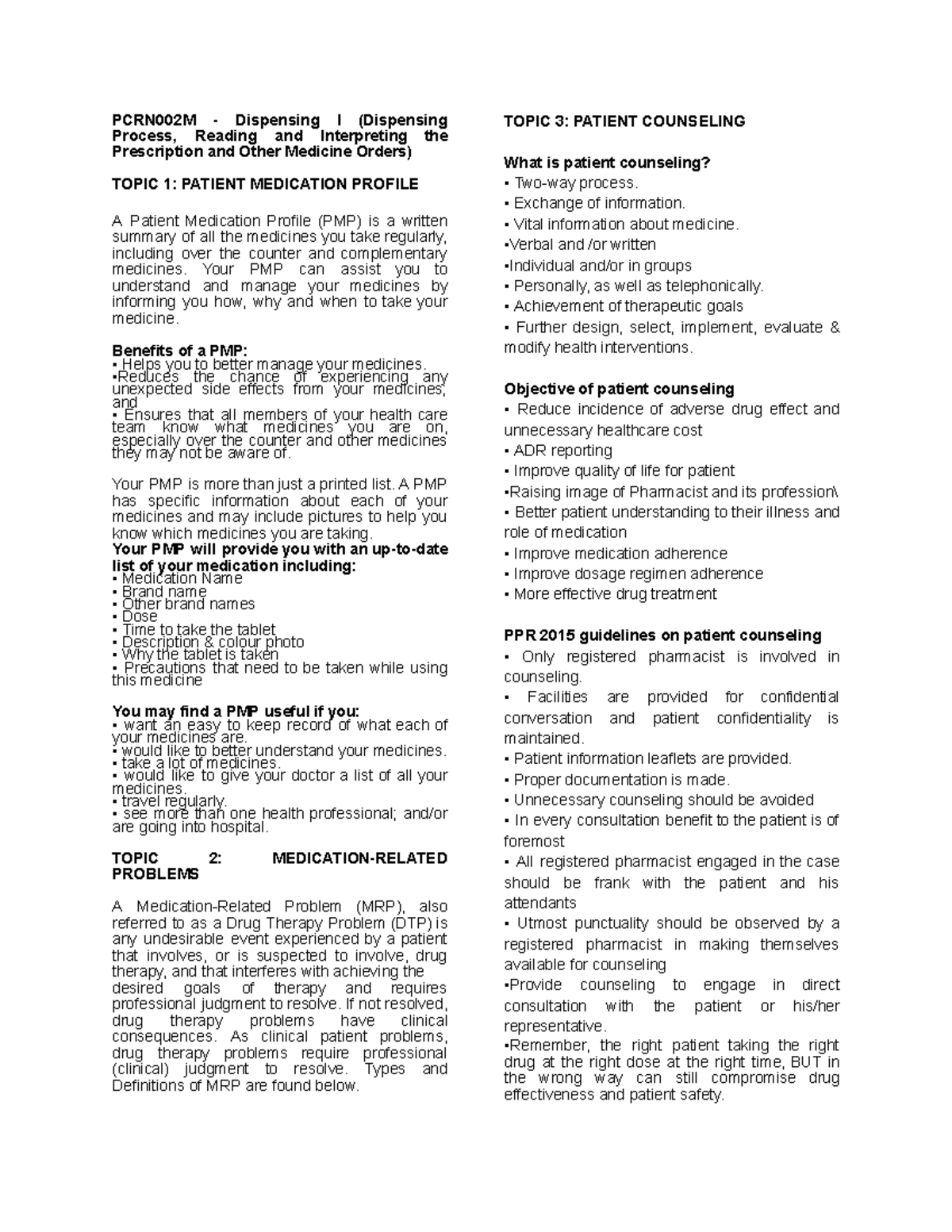 Dispensing- Summary - PCRN002M - Dispensing I (Dispensing Process ...