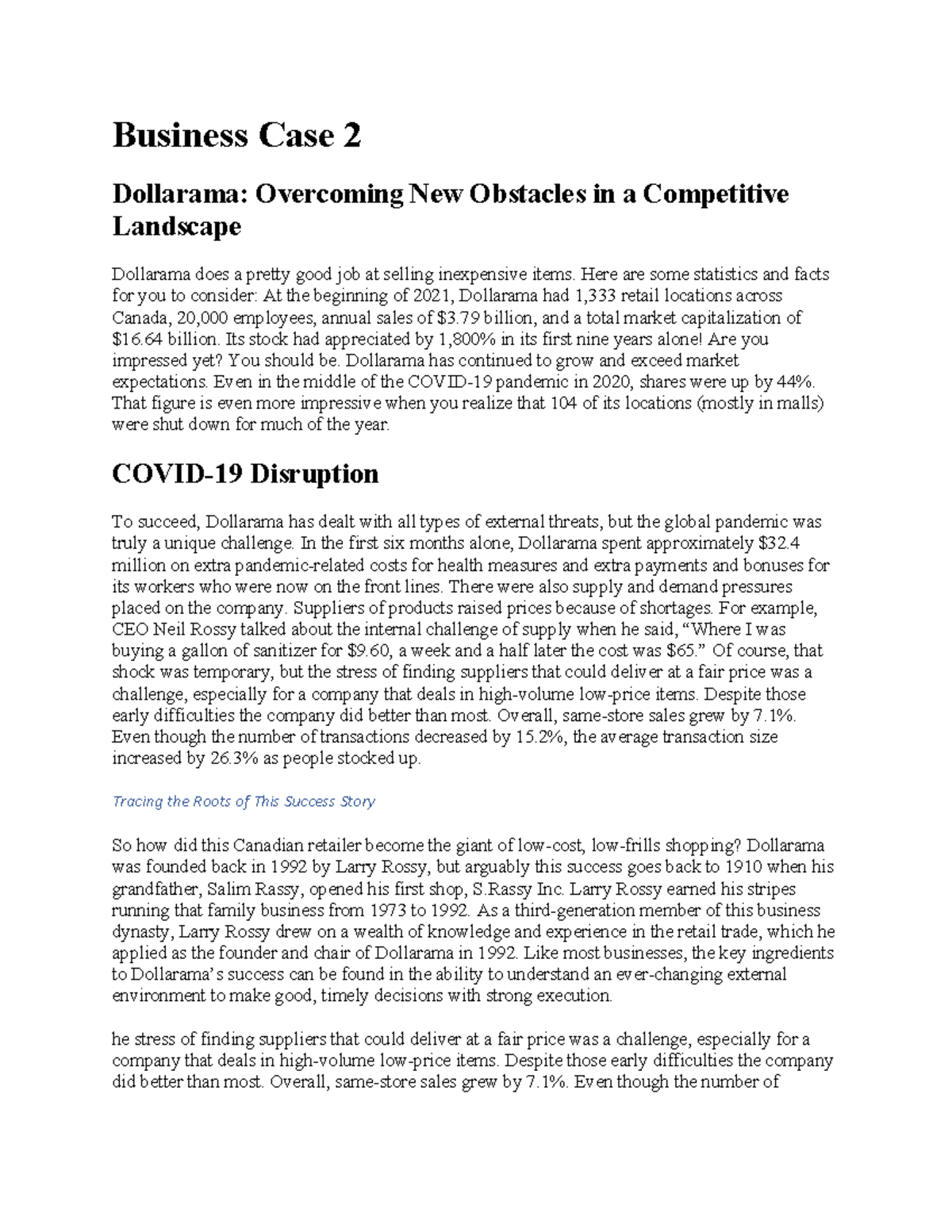 Chapter 2 Case this is the business case study of dollarama