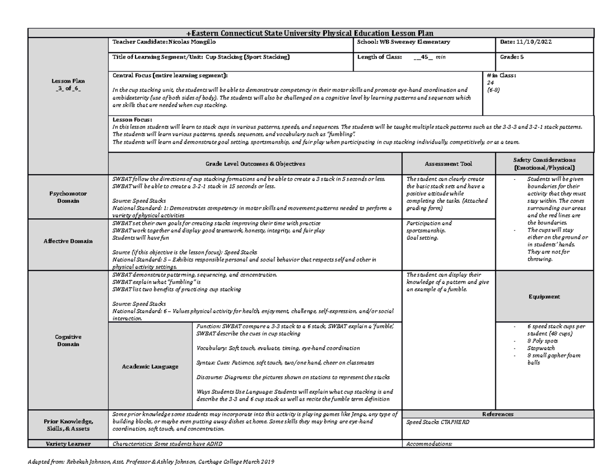 Cup Stacking Lesson Plan - +Eastern Connecticut State University ...