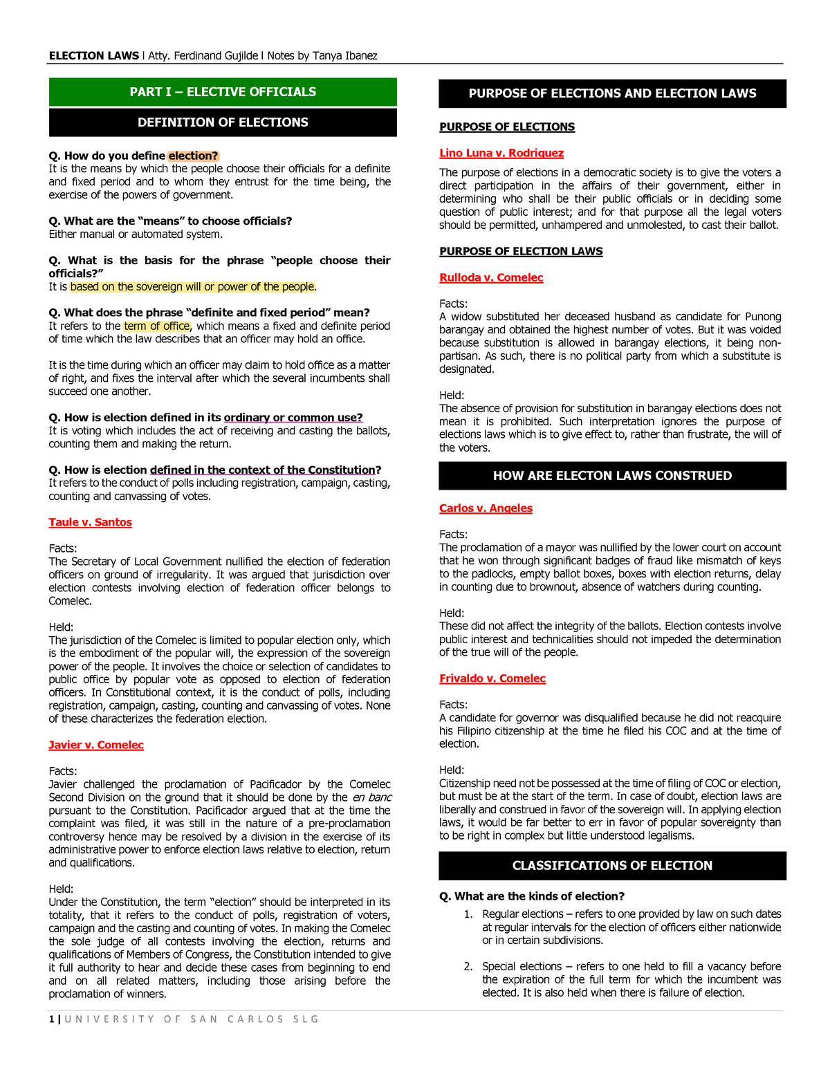 1. Election Law Premid Part I - Q. How Do You Define Election? It Is 