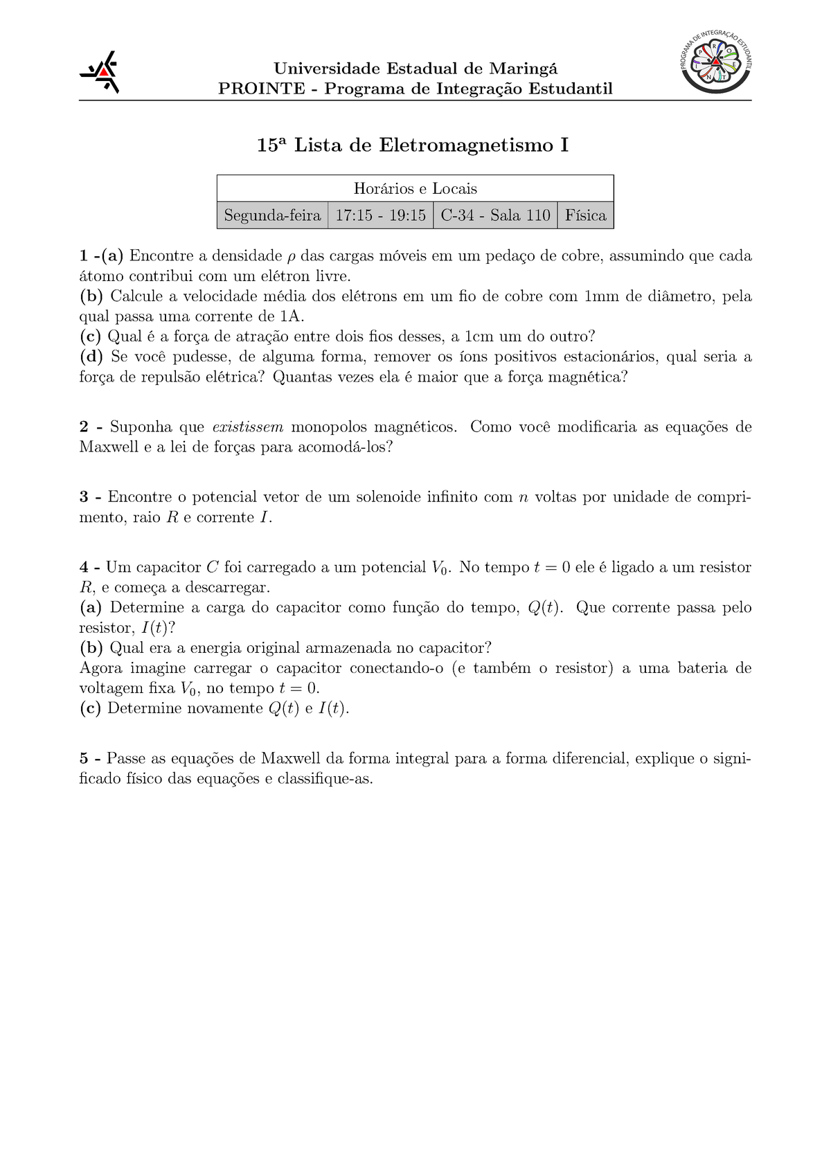 Lista-15 - Lista De Exercicios De Eletromagnetismo I - Universidade ...