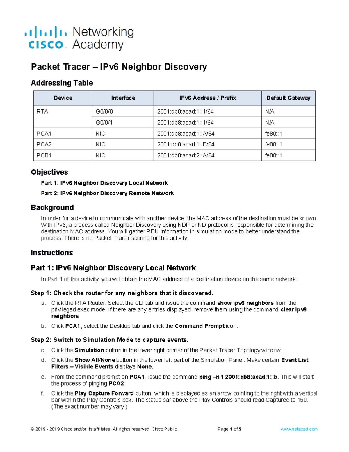 9.3.4 Packet Tracer - IPv6 Neighbor Discovery - Addressing Table Device ...