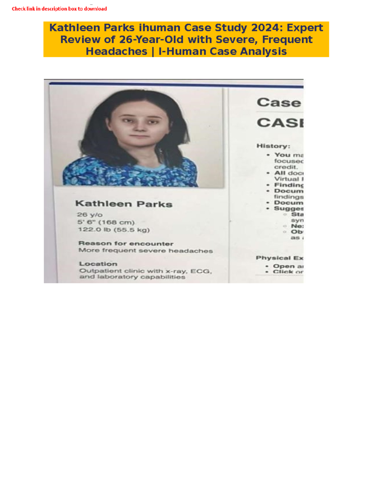 Comprehensive Case Study 26 Year Old Kathleen Parks With Severe