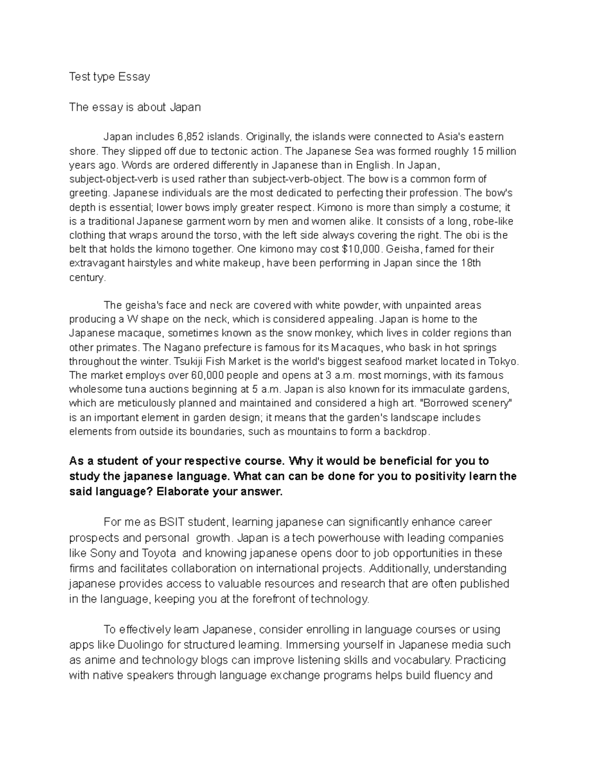 Essay about japan - Assignment - Test type Essay The essay is about ...