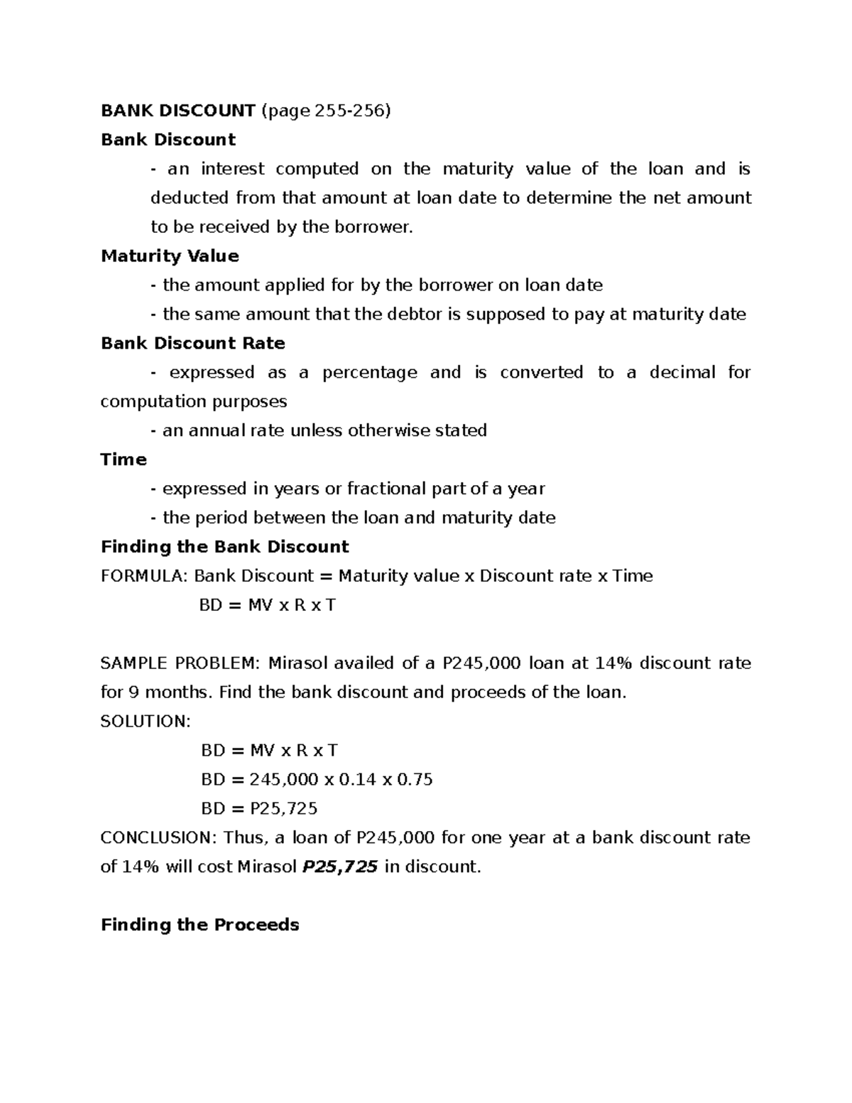 Bank Discount Finding bank discount and proceeds BANK DISCOUNT (page