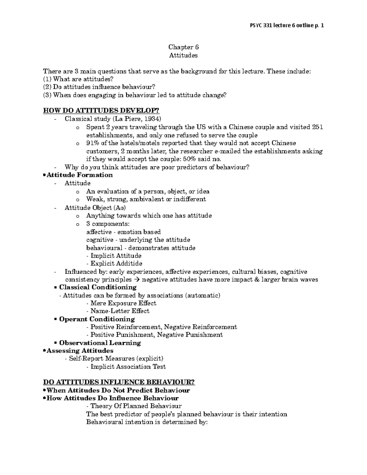 Chapter 6 attitudes - Summary Social Psychology - PSYC 331 lecture 6 ...