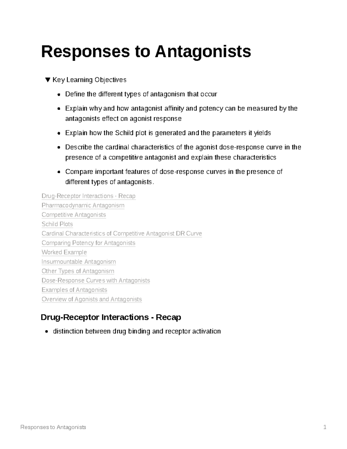 Response to Antagonists DrugReceptor Interactions Recap