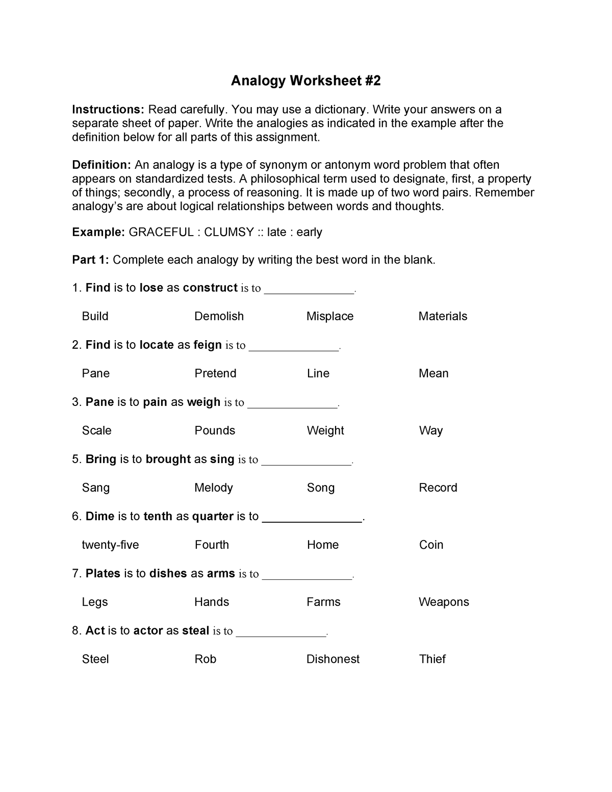 Analogy Worksheet 2 - This Is Just A Practice Materials - Analogy ...