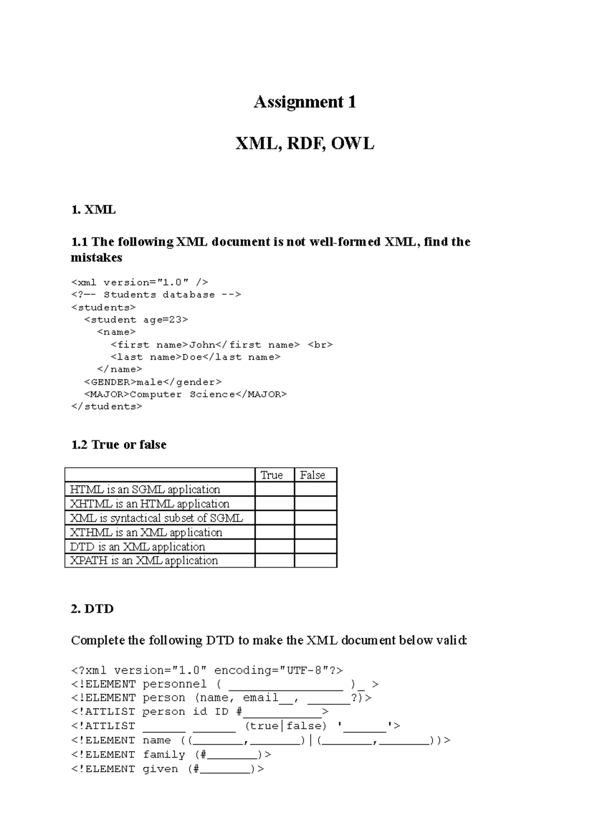 xml assignment questions