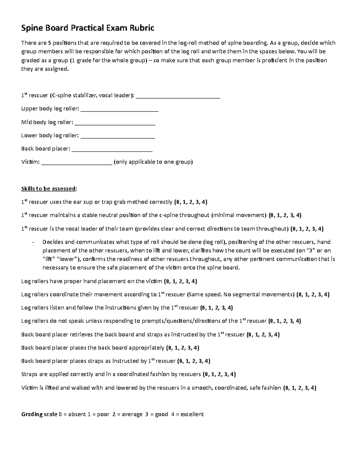 Spine Board Practical Exam As a group, decide which group members