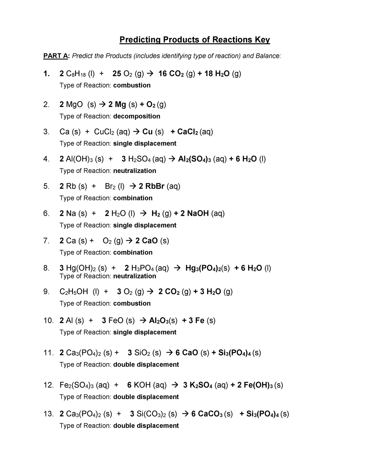 22 Predicting Products of Reactions Key - CHEM-22-22 - General Pertaining To Double Replacement Reaction Worksheet