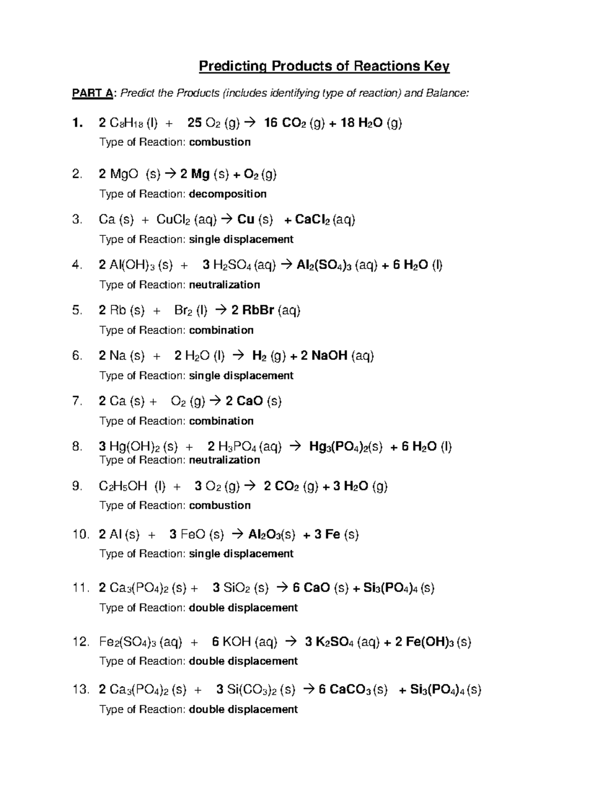 Types Of Reactions Worksheet Key 9742