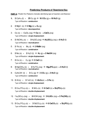 141 Predicting Products of Reactions Key - Predicting Products of Reactions  Key PART A: Predict the - Studocu