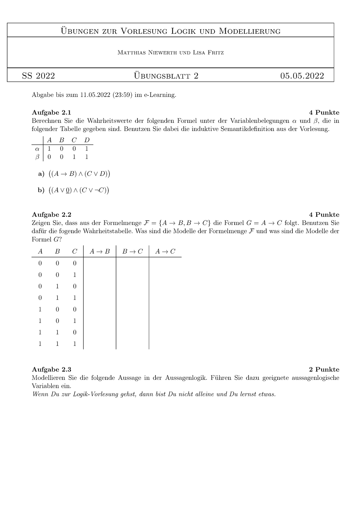 Logik-Blatt 02 - Logik Und Modellierung - Ubungen Zur Vorlesung Logik ...