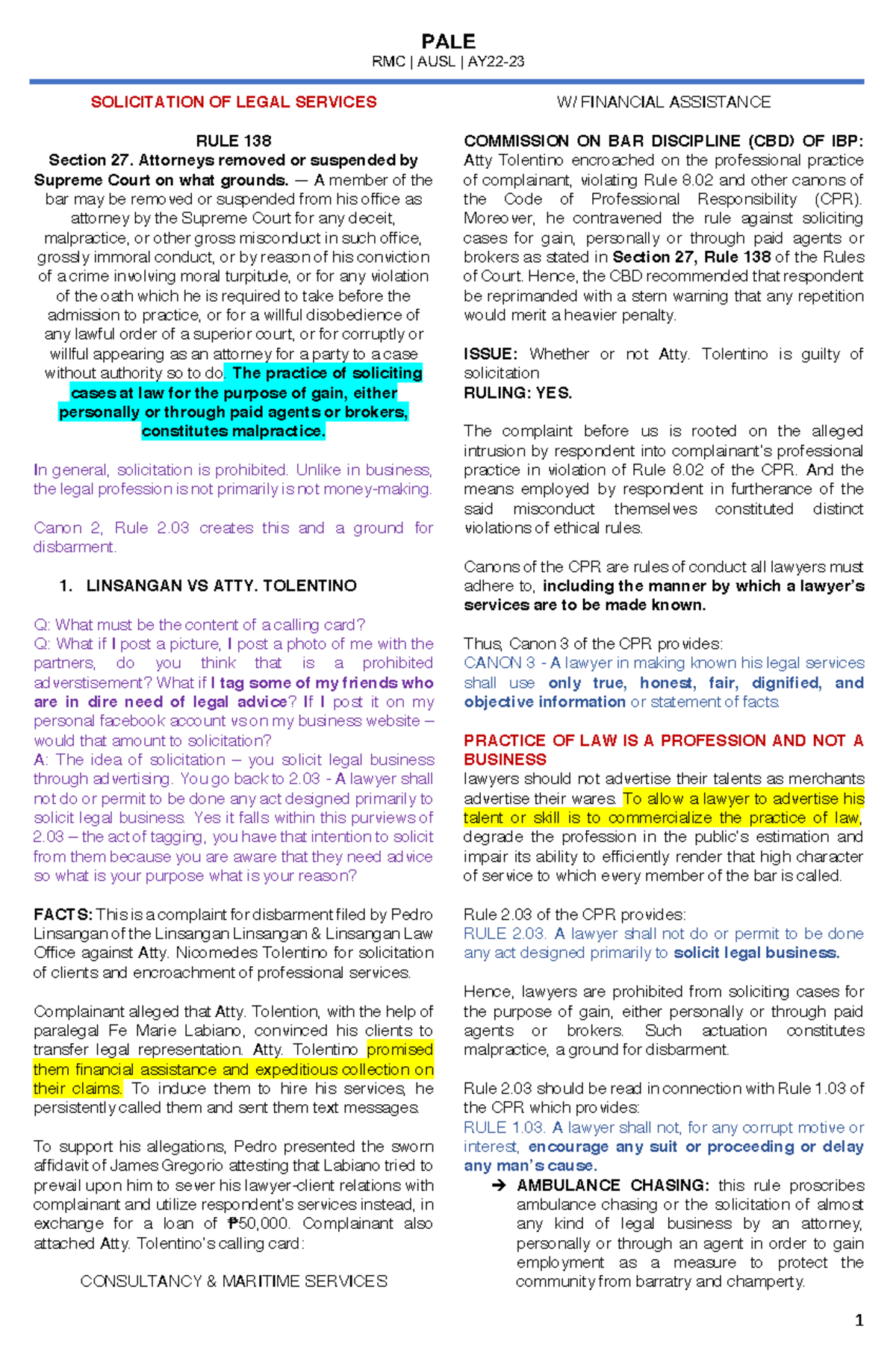 Solicitation Legal Ethics RMC AUSL AY22 23 SOLICITATION OF LEGAL