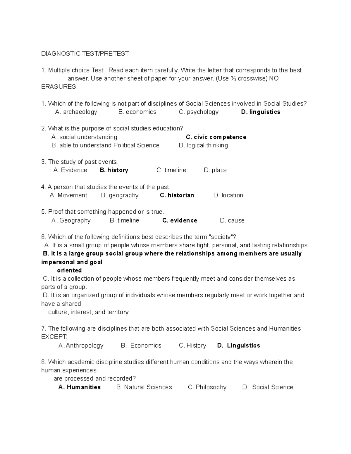Diagnostic test FSSE1 PROFED test with answer key DIAGNOSTIC TEST