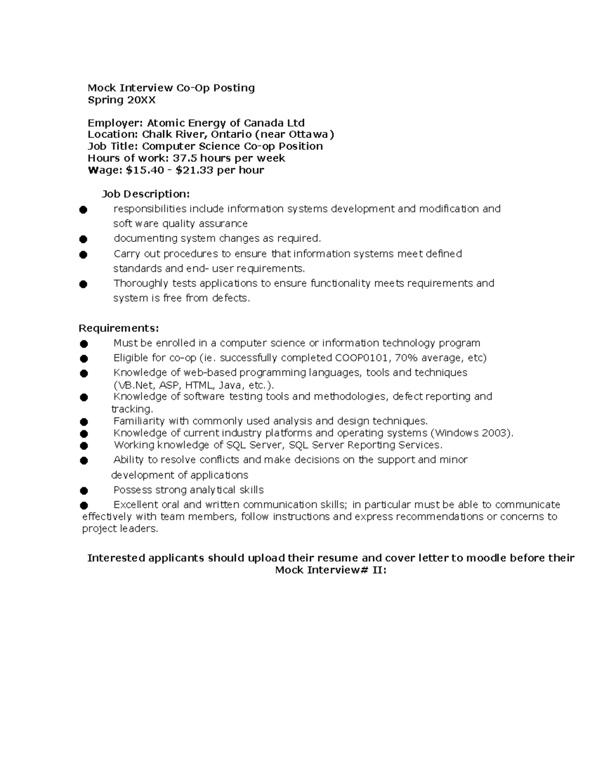 Chalk River mock posting Mock Interview CoOp Posting Spring 20XX
