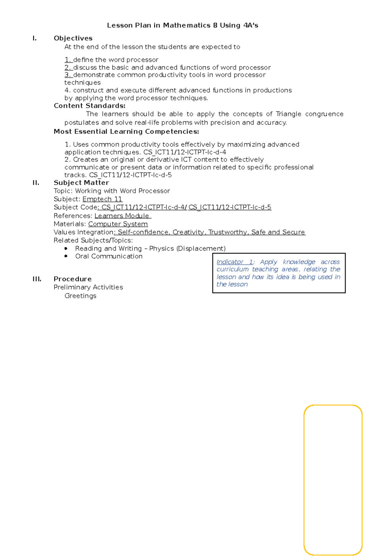 Lesson Plan in Mathematics 8 Using 4A - Objectives At the end of the ... image.