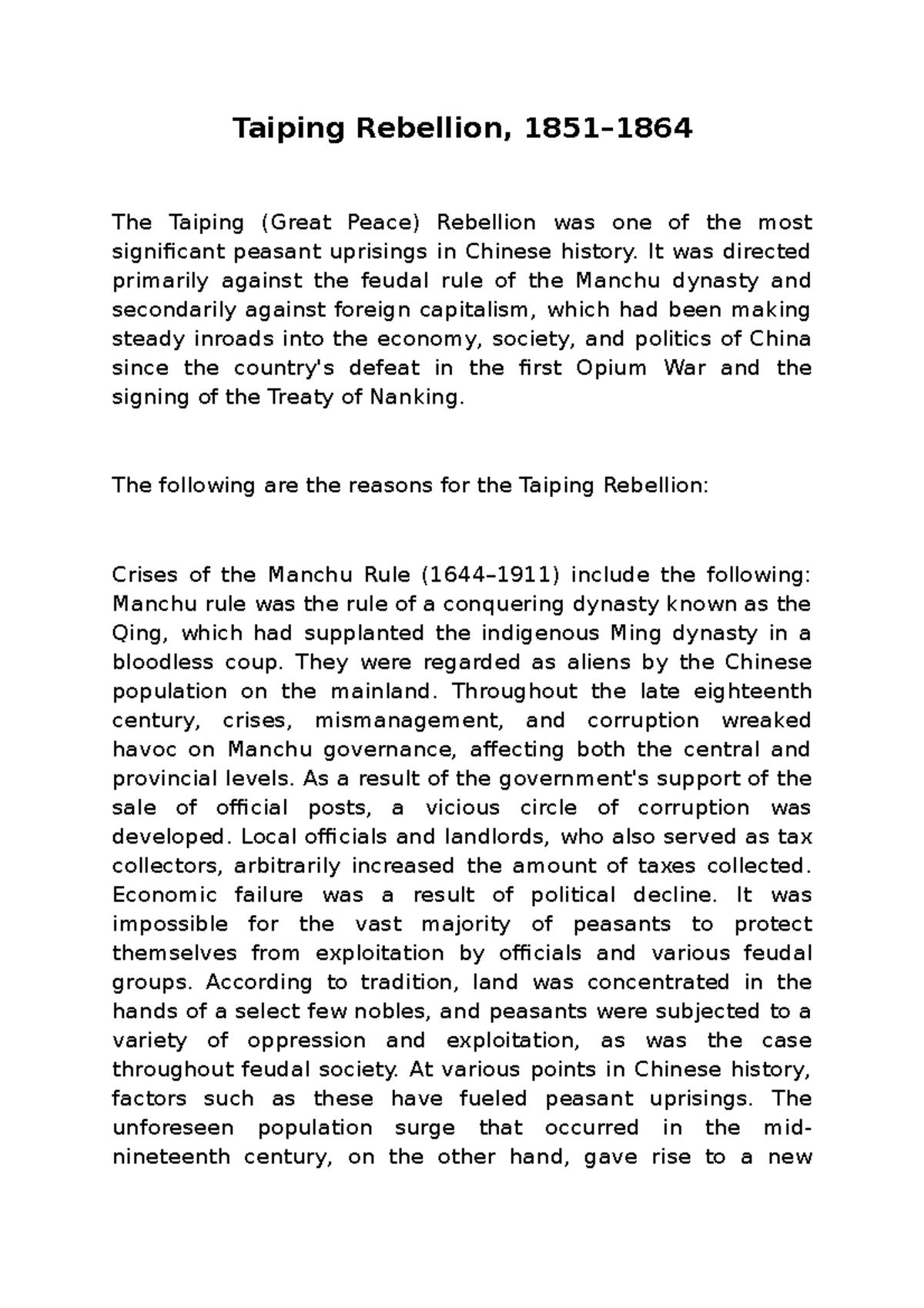 Taiping Rebellion, 18511864 Taiping Rebellion, 1851 The Taiping