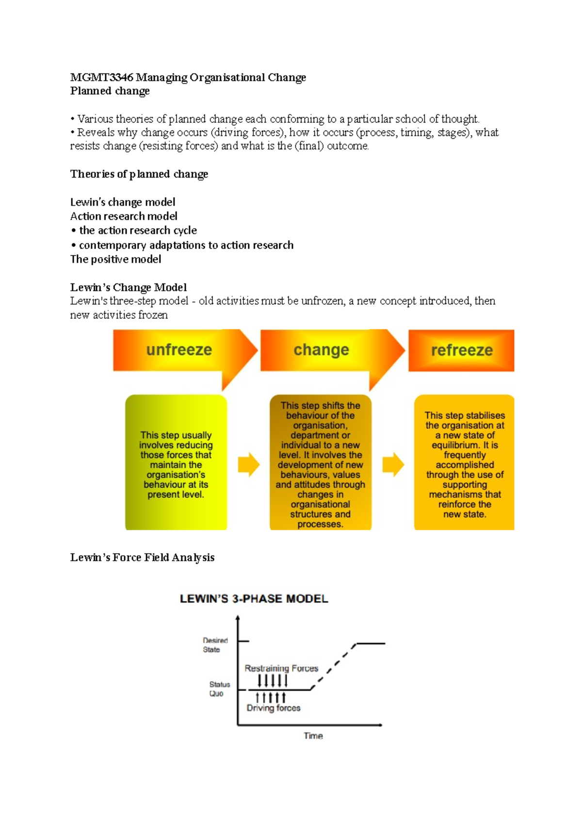 Planned change - Notes - MGMT3346 Managing Organisational Change ...
