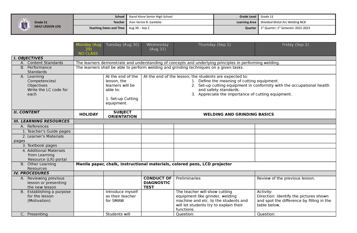 SMAW 11 Q1 W1 - Sample Lesson Plan - Grade 11 DAILY LESSON LOG School ...