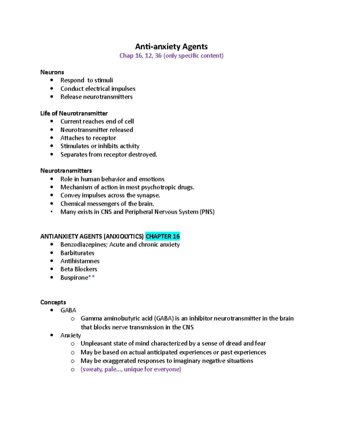 Anti Anxiety Pharmacology Exam 3 NUR3191 Anti anxiety Agents Chap 16 