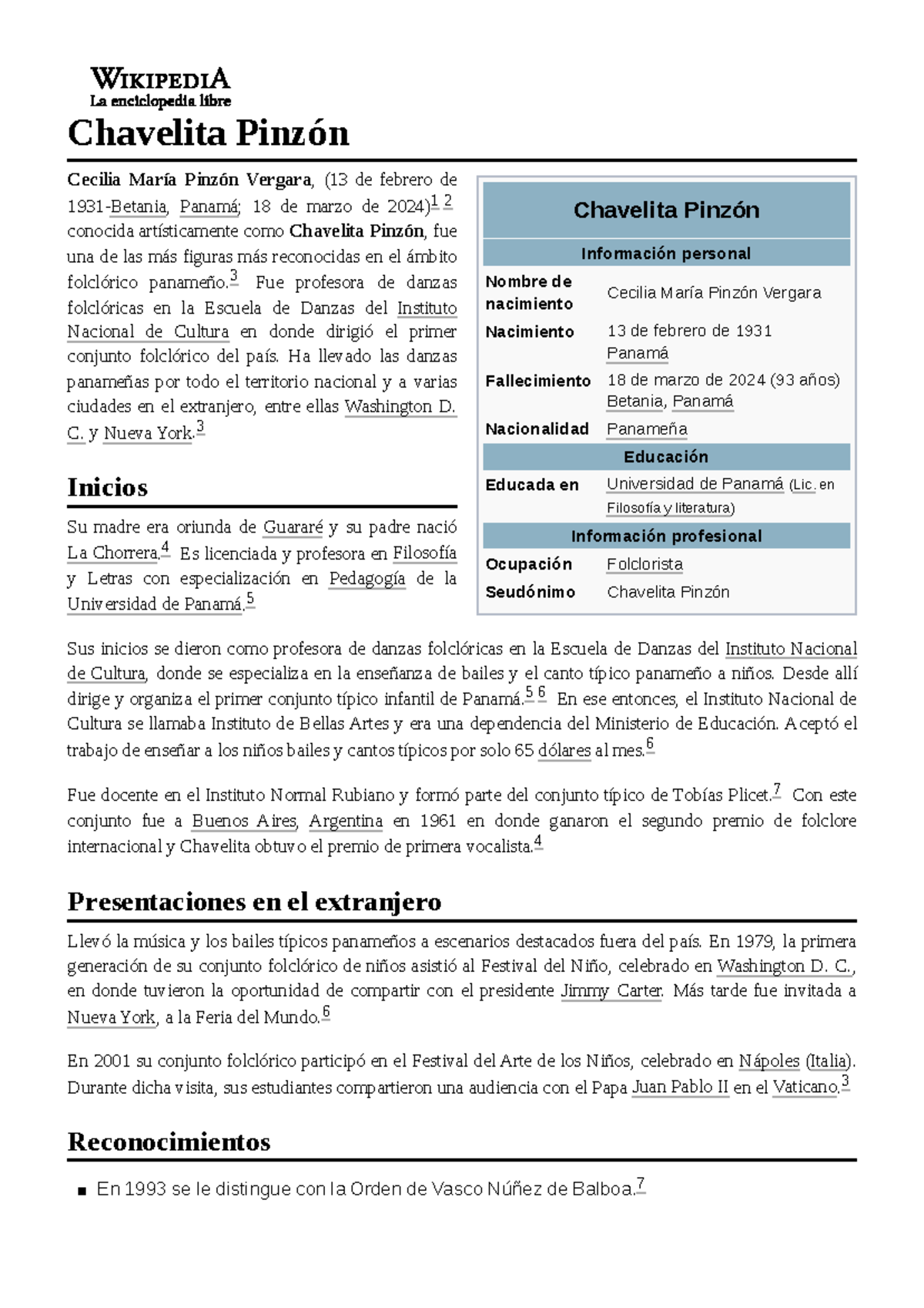 Chavelita Pinzón notas Chavelita Pinzón Información personal Nombre