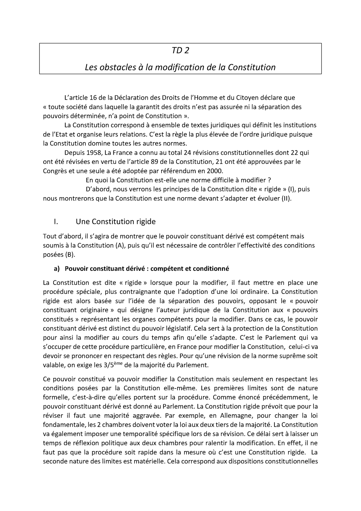 TD Droit Constit - TD S1 - TD 2 Les Obstacles à La Modification De La ...