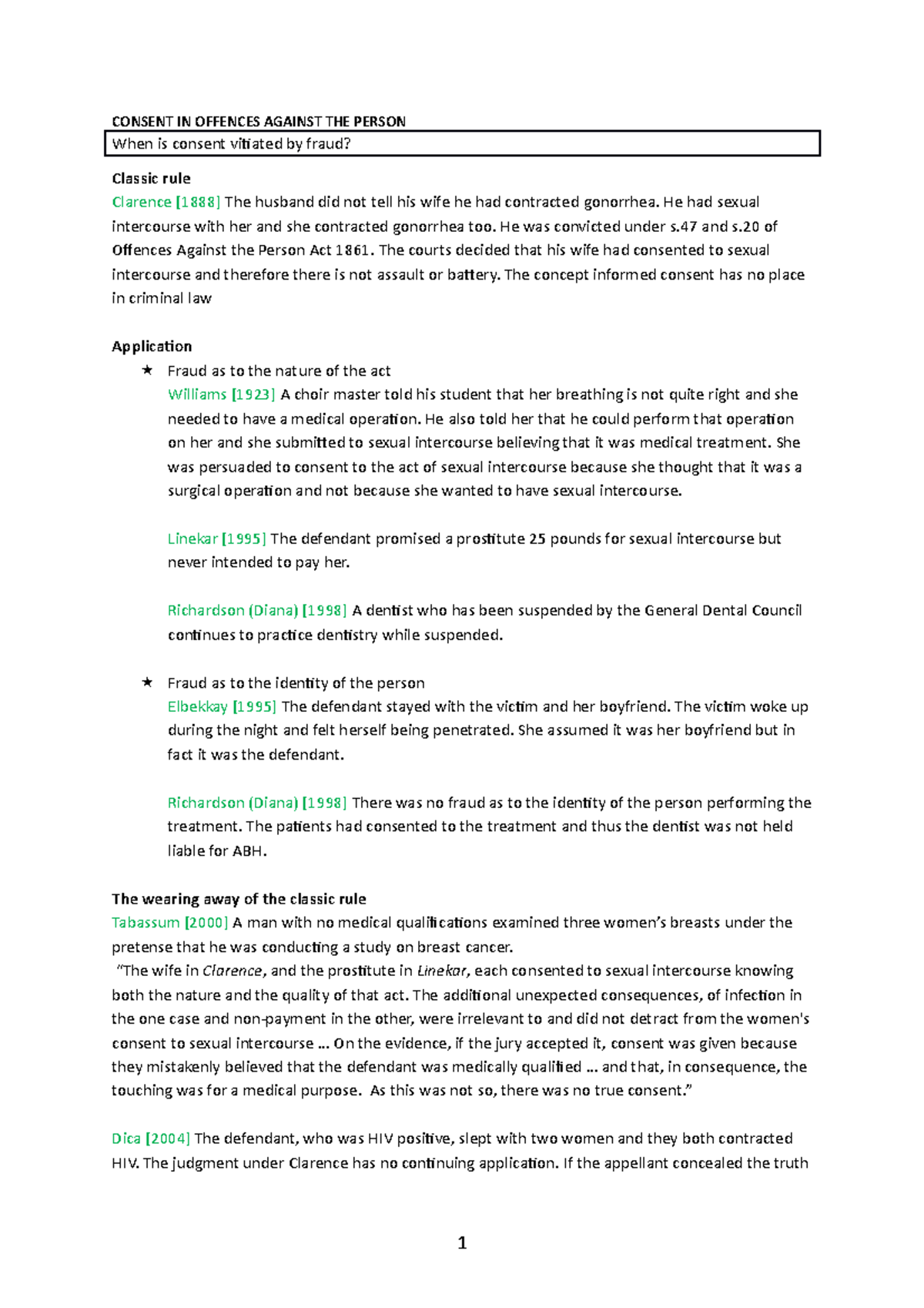 8. CrimnotesConsent CONSENT IN OFFENCES AGAINST THE PERSON When is