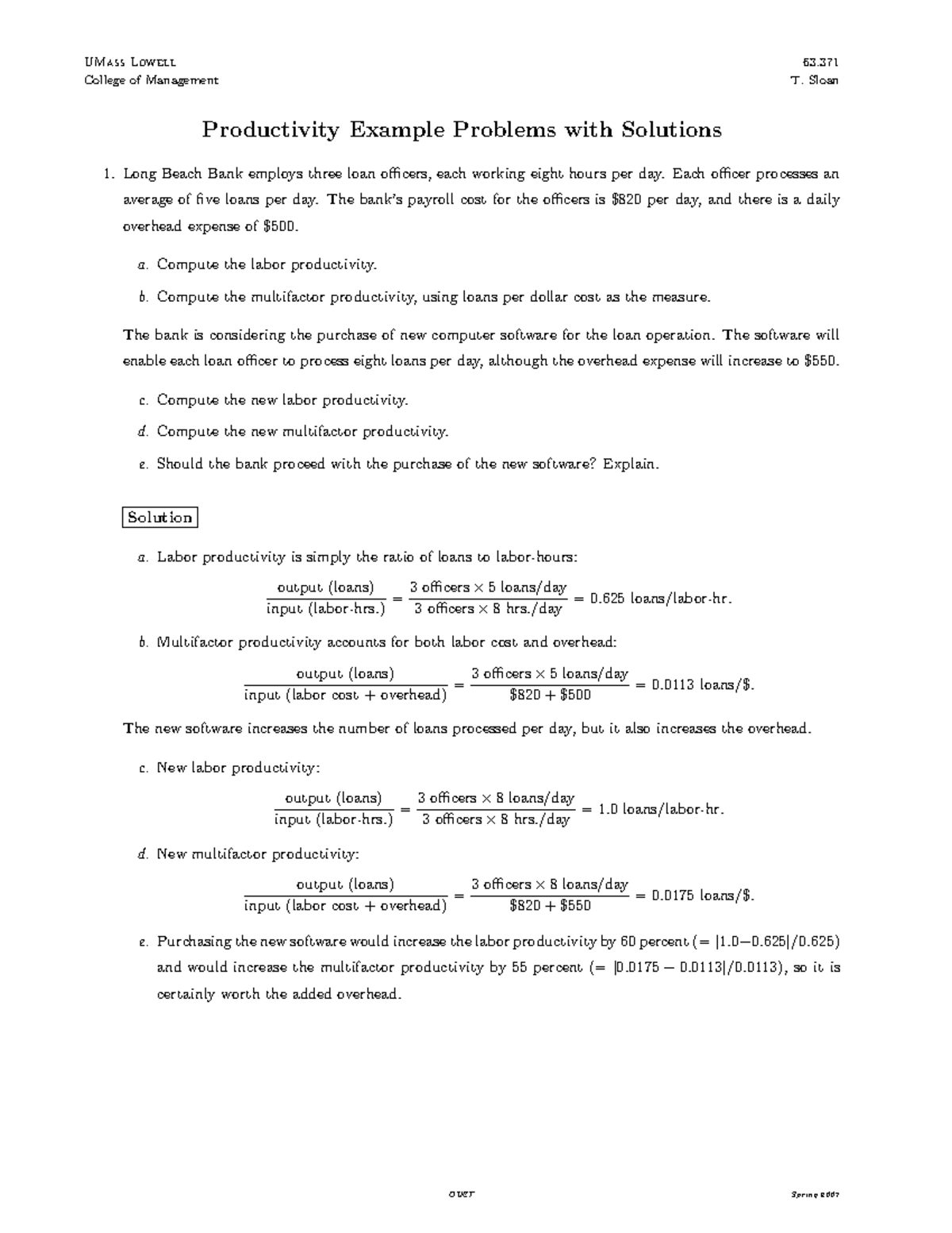 Productivity Practice Problems UMass Lowell College of Management T