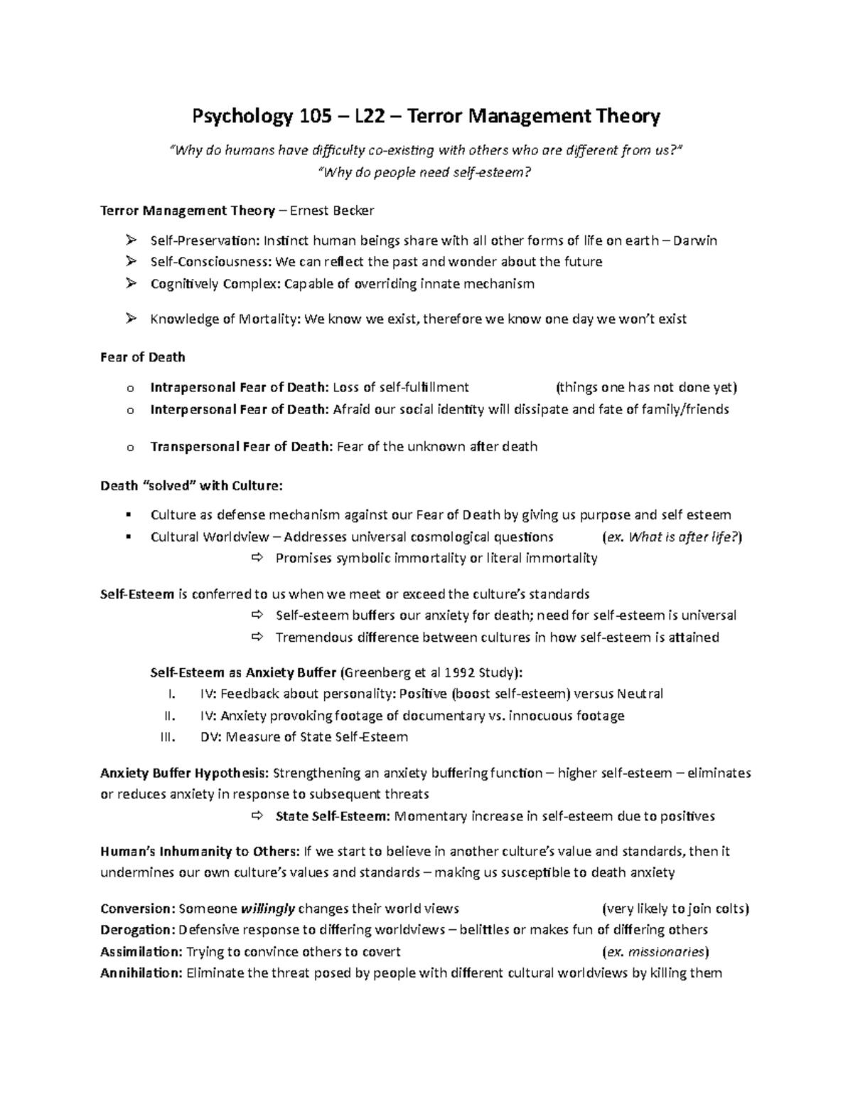 Ch 22 Summary Psychology 105 Psychology 105 L22 Terror Management