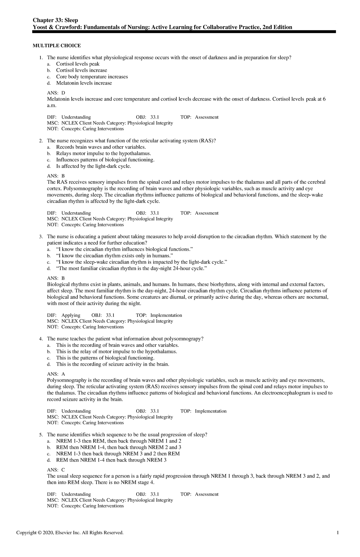 Exam View - Chapter 33 - Nove - Chapter 33: Sleep Yoost & Crawford 