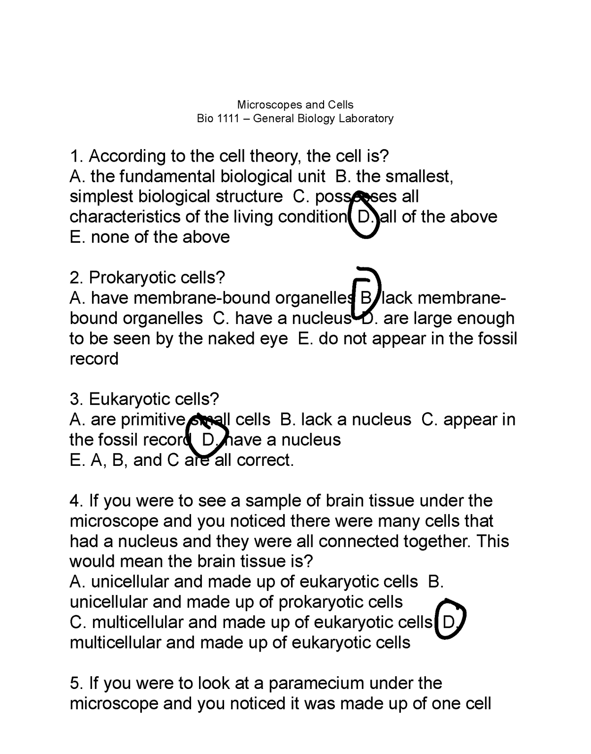 Microscope and Cells Homework - Microscopes and Cells Bio 1111 ...