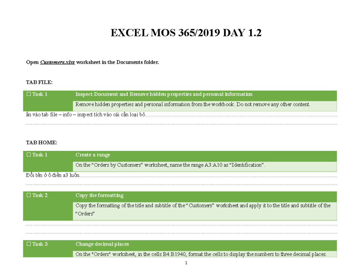 DAY 1.2 - ooooo - EXCEL MOS 365/2019 DAY 1. Open Customers worksheet in ...
