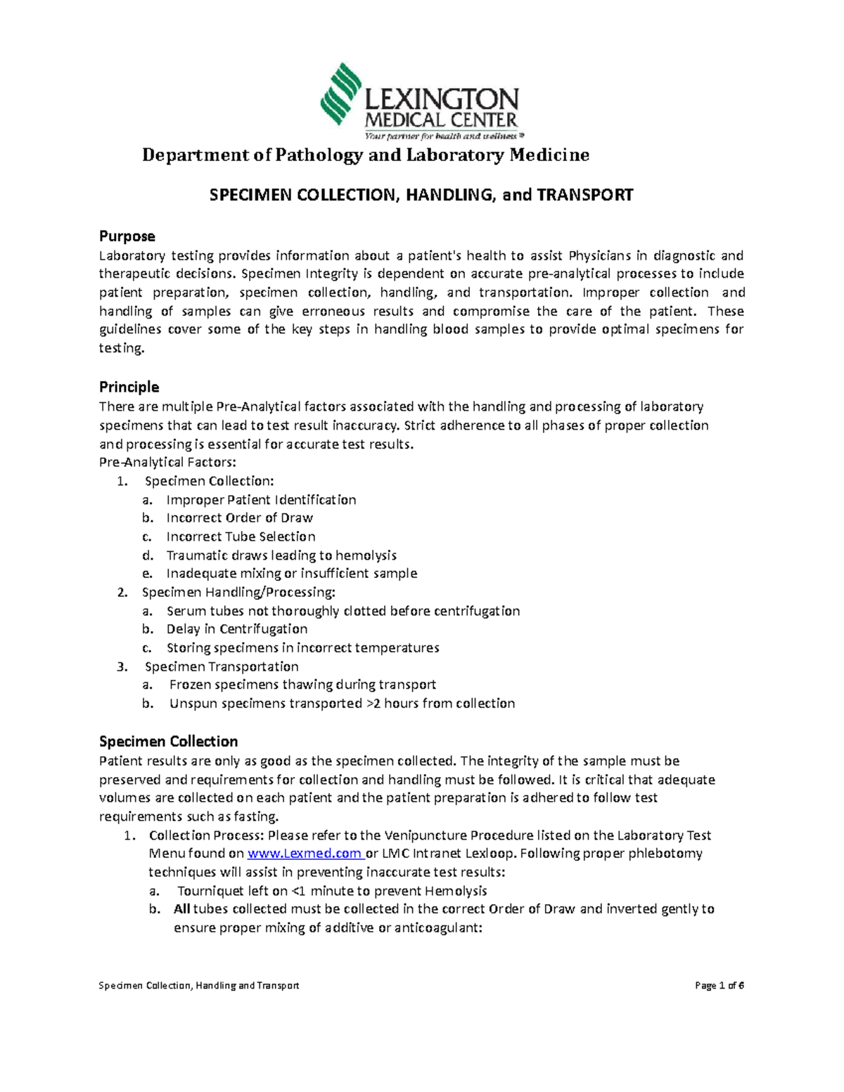 Specimen Handling good Specimen Collection, Handling and Transport Page 1 of 6 Department of